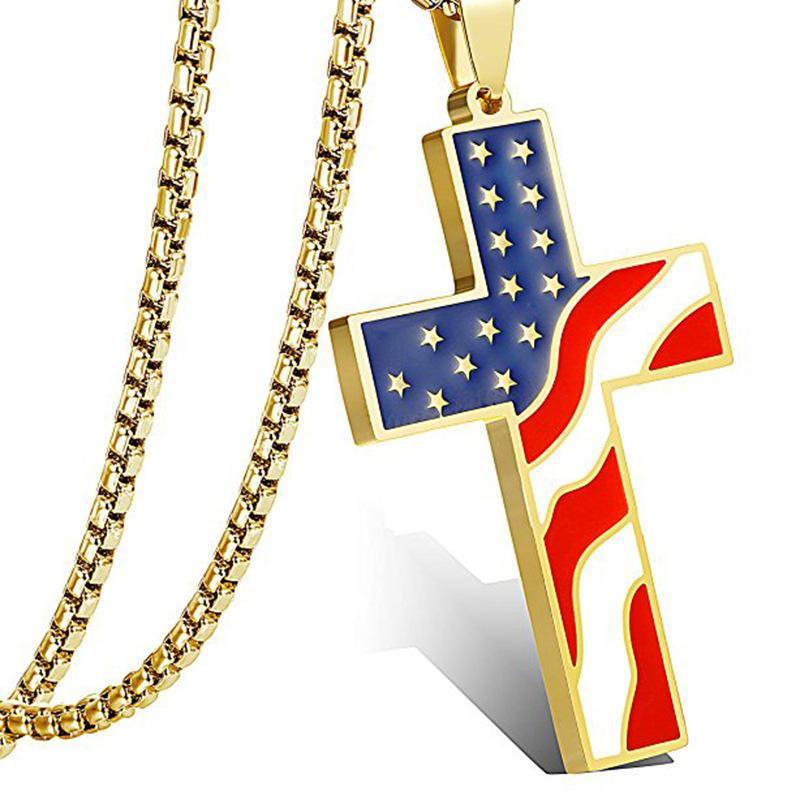 USA Flag Necklace Earrings Set Alloy Cross Pendant Patriotic Themed Jewelry for Men Women 4th of July Celebration Wear