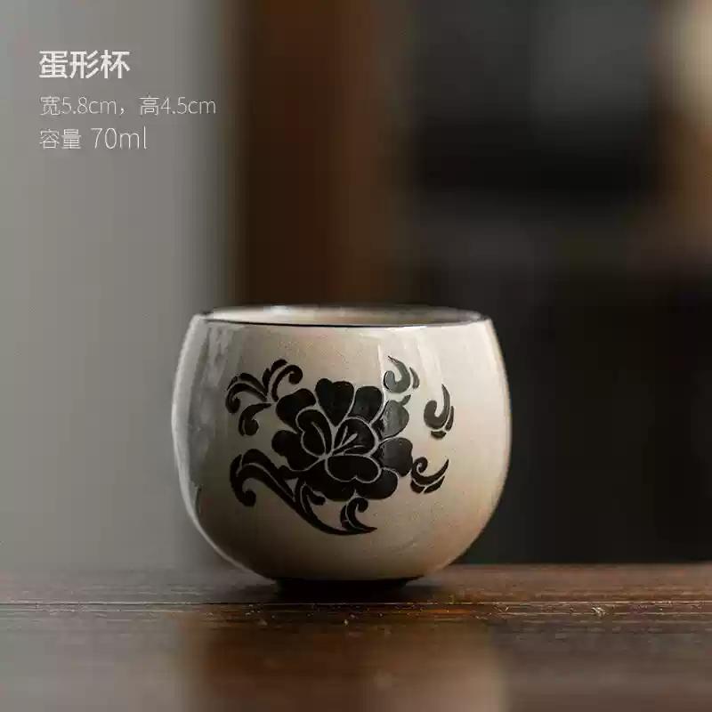 Min Kiln Carved Tasting Tea Cup Retro Style Small Tea Cup Kiln Green Gray Glaze Ceramic Household Chinese Kung Fu Tea Set