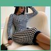 Sleeve Print Houndstooth Long Women Midi Dress Hollow Out Bodycon Sexy Streetwear Autumn Winter Club Elegant Slim