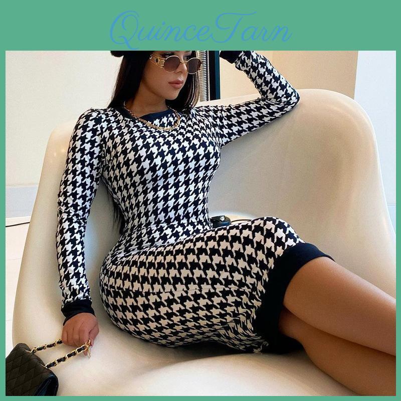 Sleeve Print Houndstooth Long Women Midi Dress Hollow Out Bodycon Sexy Streetwear Autumn Winter Club Elegant Slim