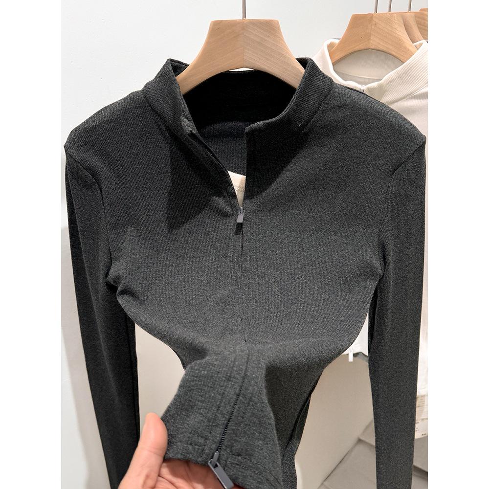 Women's Slim-Fit Cropped Long-Sleeve Zipper Cardigan with Stand-Up Collar - 2025 Spring Arrival for Petites