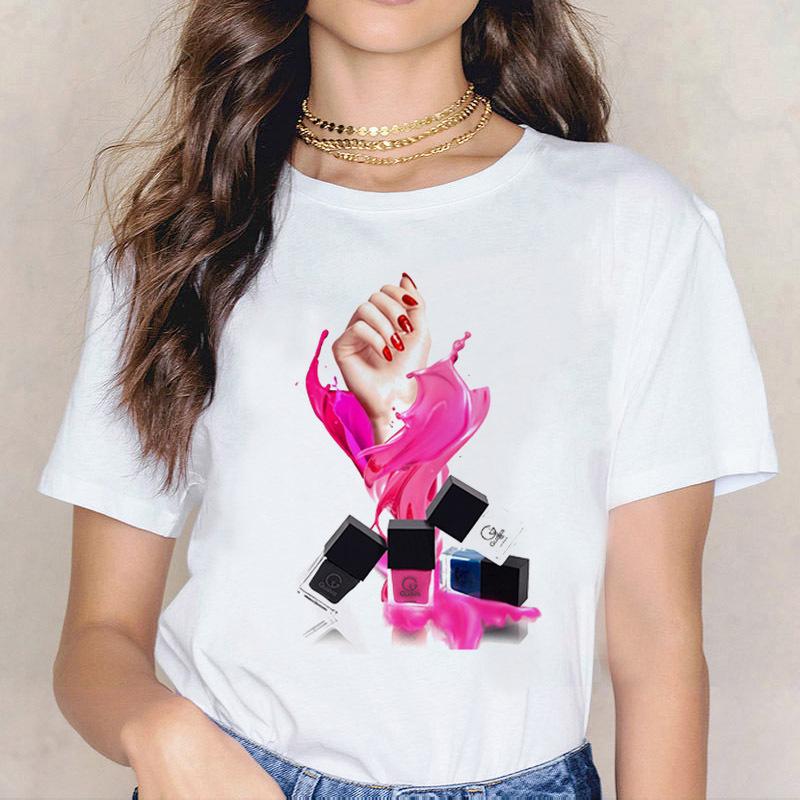 Kpop Fashion Cosmetics 3D Nail Polish Print Tees Women Y2K Tops Summer White Loose Short Sleeve O-Neck Female T-Shirts Blouses