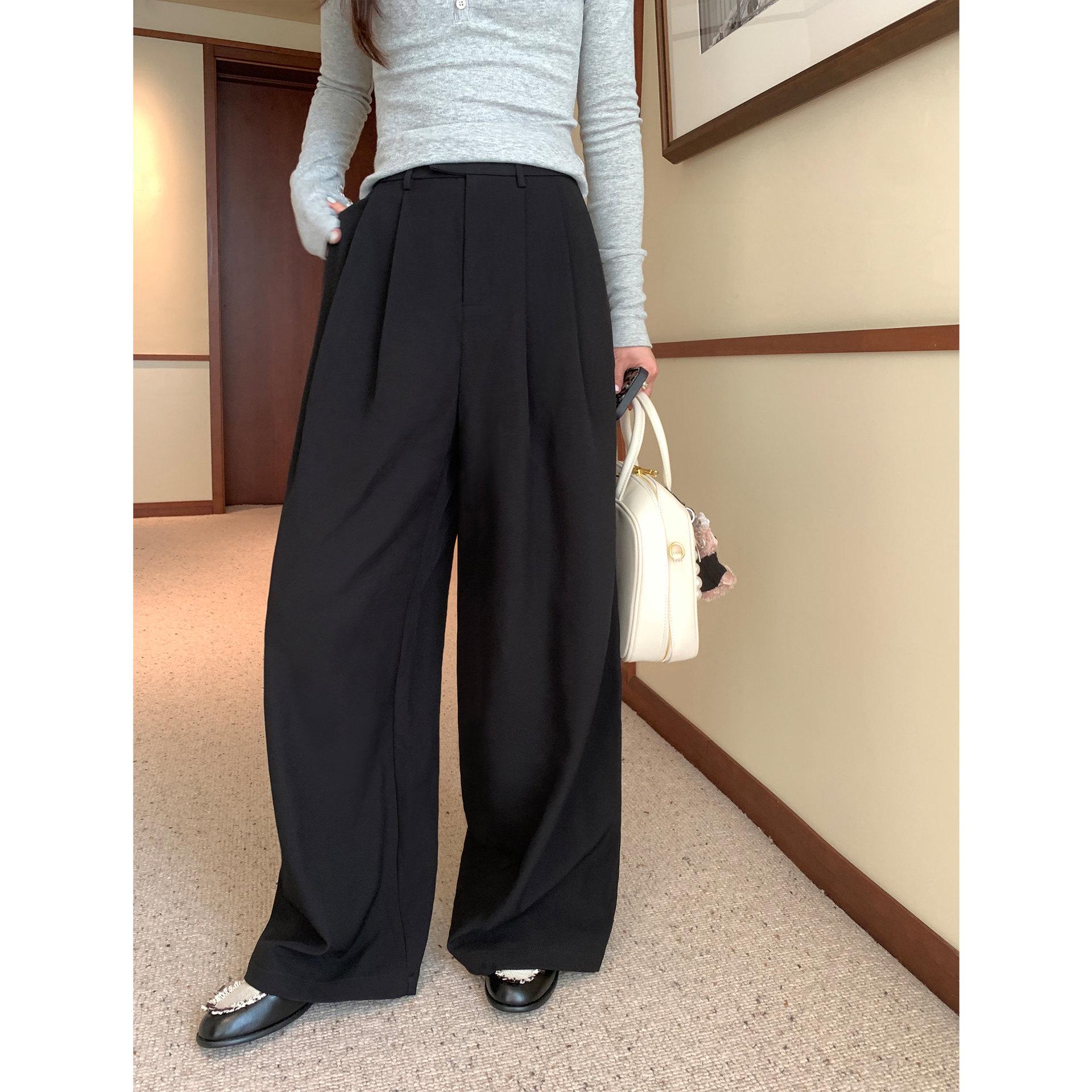 Pusumede Women s High-Waisted Black Wide-Leg Pants - Slim-Fit, Casual, Good Drape, Loose, Floor-Length Large