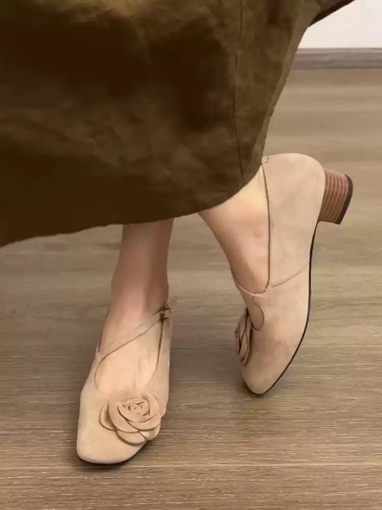 Sheepskin Version~ Retro Square Head Shallow Mouth with Mary Jane Shoes Women's Niche Fashion Flower Commuting Thick Heel Single Shoes