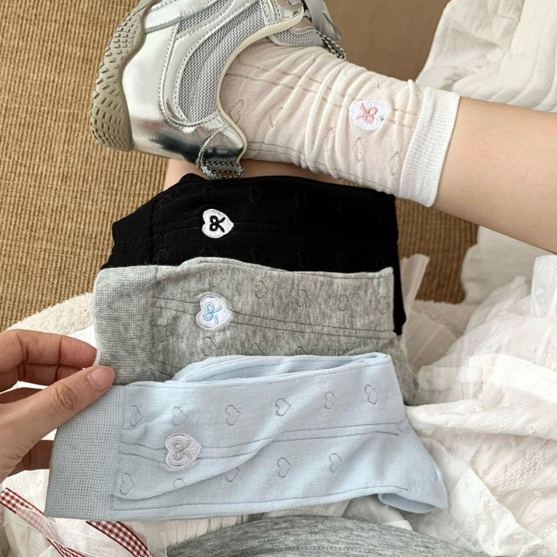 Women's Summer Hollow Love Embroidery Mesh Breathable Cotton Tube Socks