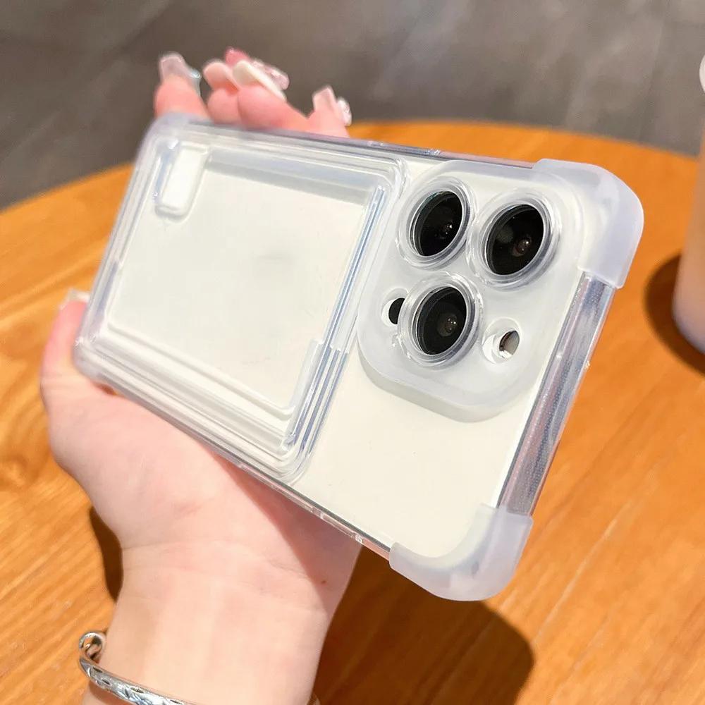 Four Corner Anti Falling Card Slot Bag Transparent Phone Case For iPhone 13 12 11 14ProMax 15ProMax 15 Plus Soft Silicone Cover