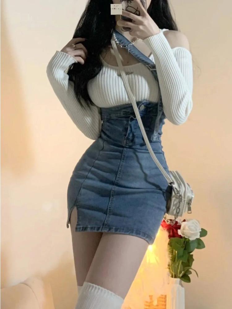 Niebieski Vintage dzianinowy zestaw dwuczęściowy damski seksowny dżinsowy mini zestaw spódniczek damski 2023 jesień