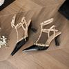 High heels are not tired of feet, women's thin heels, high-end temperament, rivets, trip straps, Warren, the same pointed single shoes are versatile f