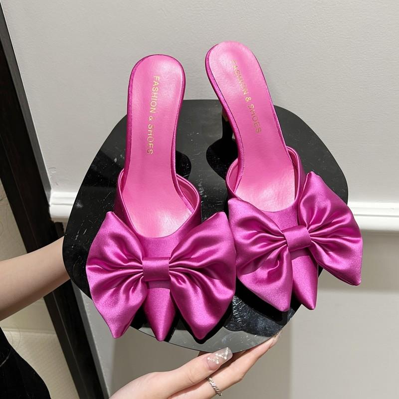 Fashion 2025 Summer Bow Ladies Shoes Fashion Pointed Toe Women Slippers Stiletto High Heel Women Temperament Single Shoes Female