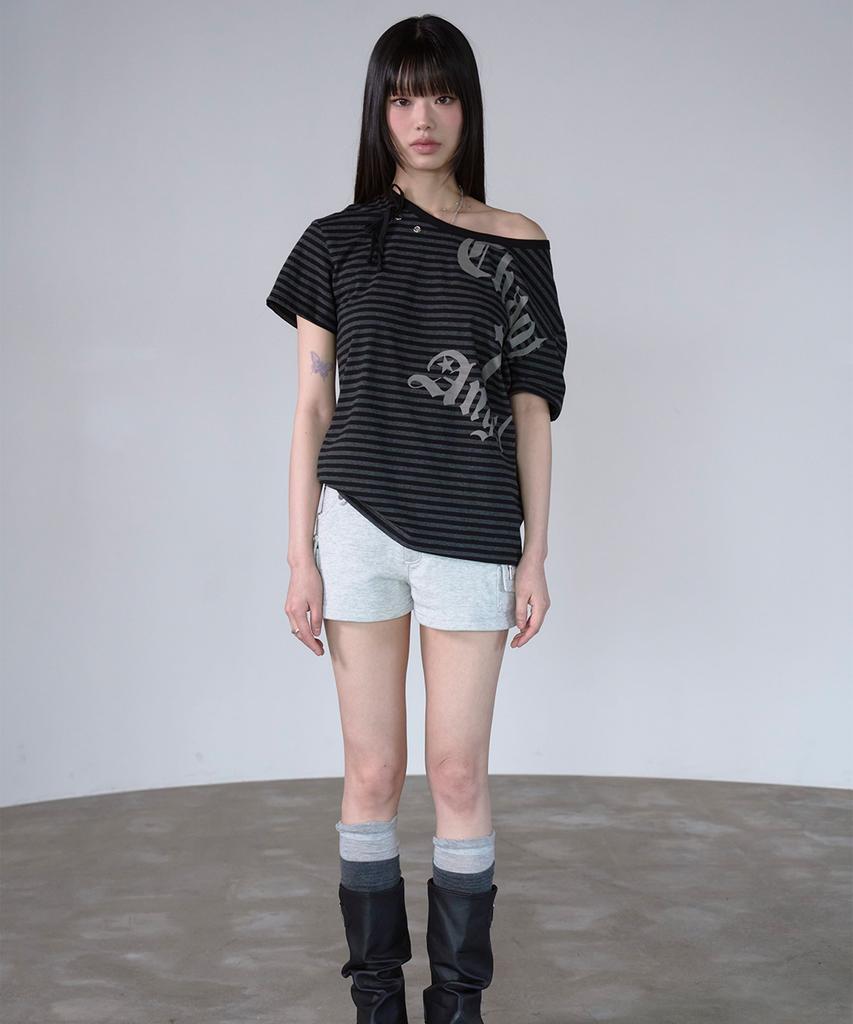 PRENDA Ribbon Tie Eyelet Striped Tee Black