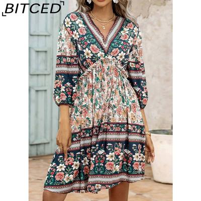 Women's Fashion Summer Spring Floral Print Short Sleeve V-Neck  Casual Dresses