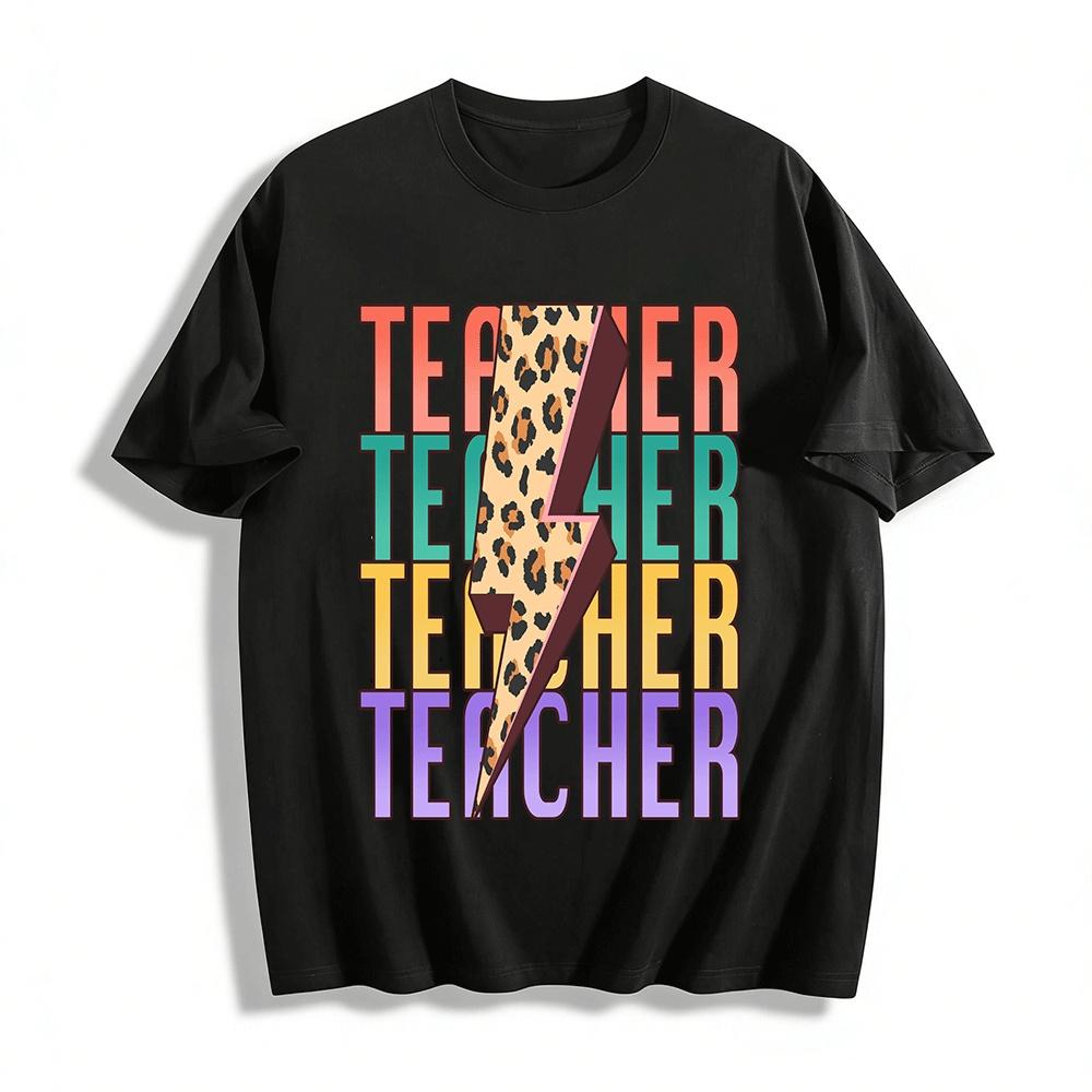 Leopard Print Lightning TEACHER Graphic Casual Teacher Top Pure cotton T-shirt XXS