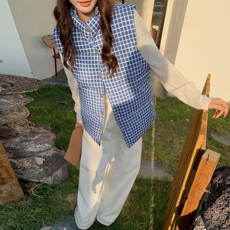 Stand-up collar plaid sleeveless cotton jacket vest jacket women's summer new stacked wear casual loose hidden buckle vest tide