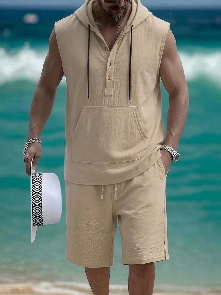 Mens Casual Loose Hooded Sleeveless Vest And Shorts Set