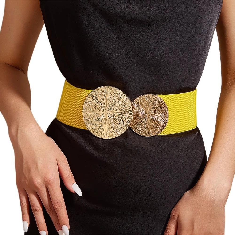 Solid Color Women Waist Belt Waistband Slimming Wide Elastic Belt Coat/Dress Accessories Chunky-Gold Discs Round Belts