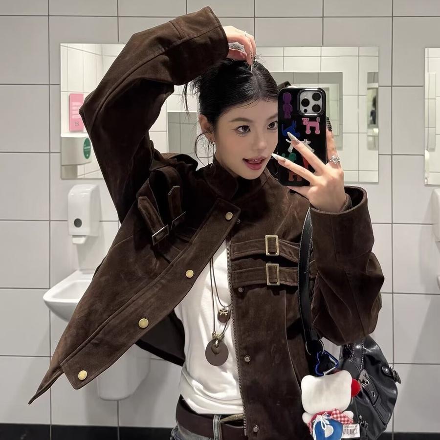 Damen Hirschlederjacke Kurzer Mantel Herbst Neu Koreanischer Stil High-End Lockerer Oberteil für zierliche Frauen Oberbekleidung