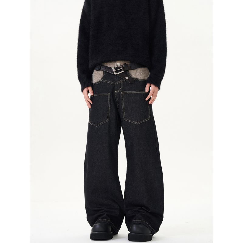 Kisko American Retro Patchwork Reverse-Wear Design Scimitar Jeans Unisex Loose Straight Washed Vibe Pants