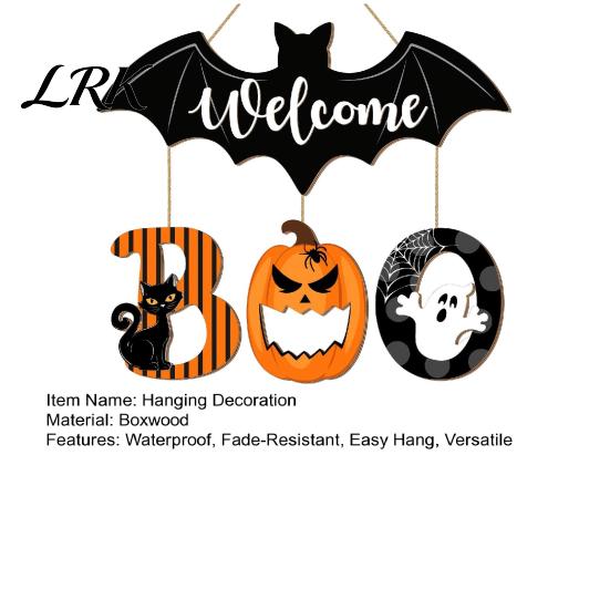 Wooden Boo Welcome Plaque Halloween BOO Door Sign, Spooky Bat Hanging Ghost Pumpkin Creative Holiday Hanger Black Cat Ornaments for Front Window Party