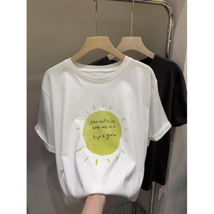 

Европейский жир мм большой размер женская одежда принт солнце хлопок футболка с коротким рукавом, летний тонкий и иностранный 100 кг топ с рукавом до локтя S