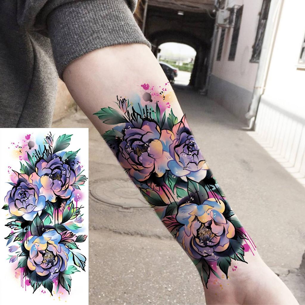 1 Sheet Black Flower Temporary Tattoos For Women Girls Realistic Fake Flora Floral Peony Tattoo Sticker Body Art Painting Decal