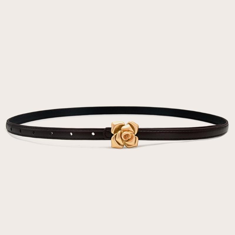 Rose Button Leather Belt For Women Adjustable Thin Waistband Jeans And Trousers