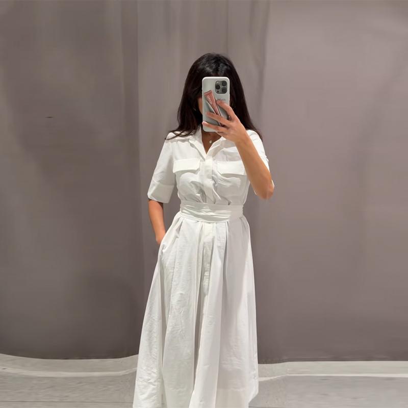 LYRIA Casual Striped Women Dress Lapel Single Breasted Short Sleeve Slim Waist Long Dresses New Lady Fashion Vacation Robe