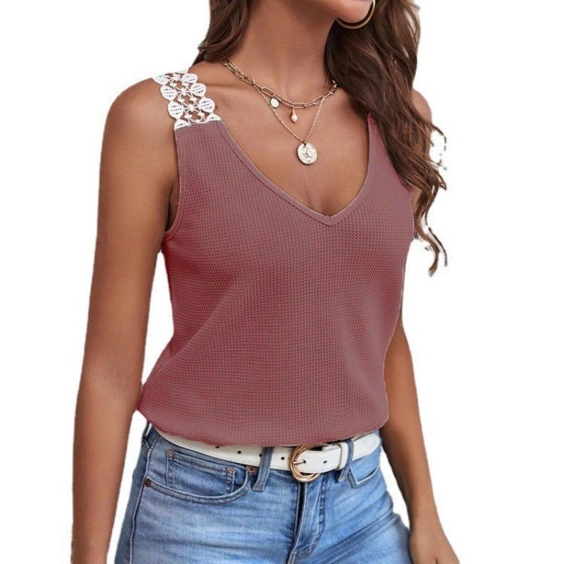 Womens Waffle Knit V Neck Tank Top With Lace Trim Sleeveless Casual Solid Color Camisole