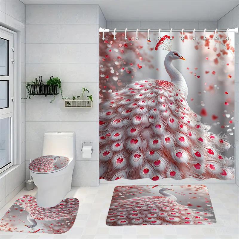 Elegant Peacock Shower Curtain Bath Sets Waterproof Non-Slip Bathroom Rug Toilet U With 12 Hooks Home Deco