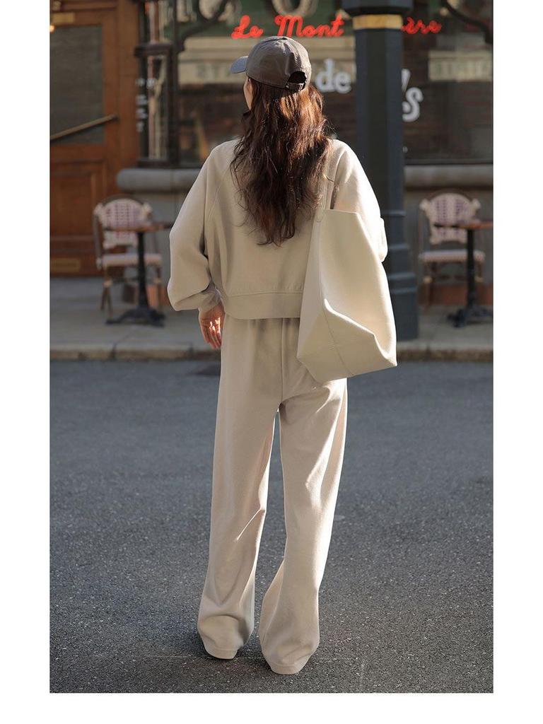 Women's Autumn 2026 Stylish Stand-up Collar Cardigan Jacket and Loose Hoodie Sportswear Set