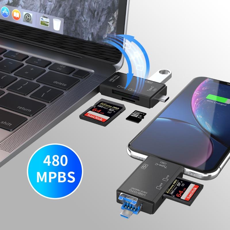6 In 1 SD USB Type C Card Reader USB 2.0 TF/Mirco SD Smart Memory OTG Flash Drive Cardreader Adapter