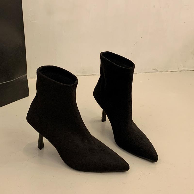 

Модные ботинки большого размера женские тонкий каблук средний каблук замшевые заостренный задняя молния короткие ботинки 2025 осень леопардовый принт эластичные тонкие ботинки 40 чёрный