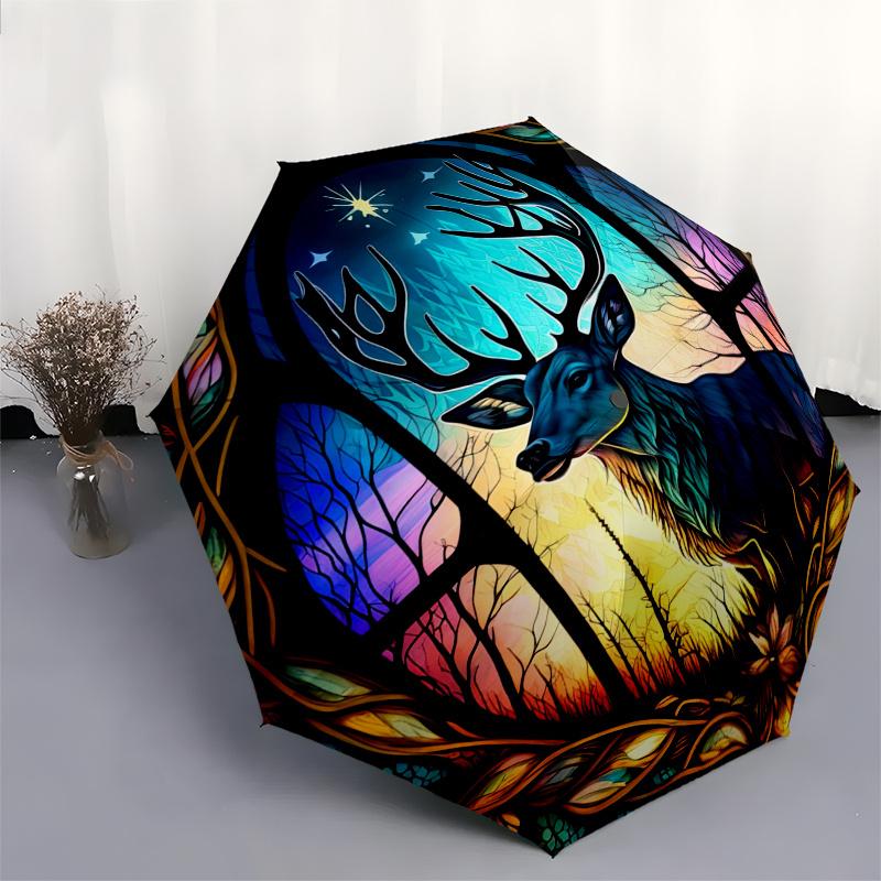 Deer Window Panel  Vibrant Forest Scene" Umbrella, Portable 3 Fold Compact Umbrella for Men & Women,S281