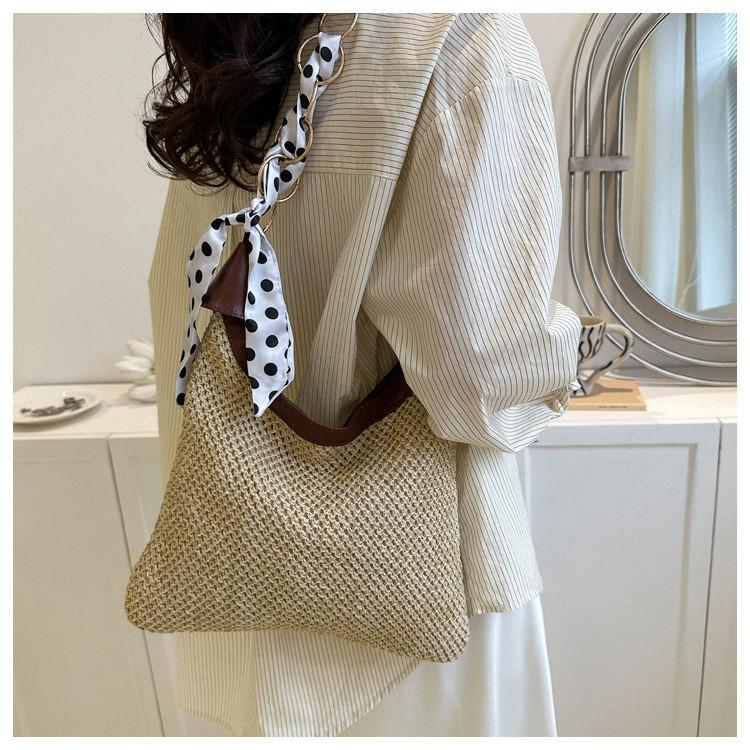 Fashionable And Elegant Pu Woven Handbag For Women Featuring A Scarf In Soft Khaki And Cream Khaki Scarf