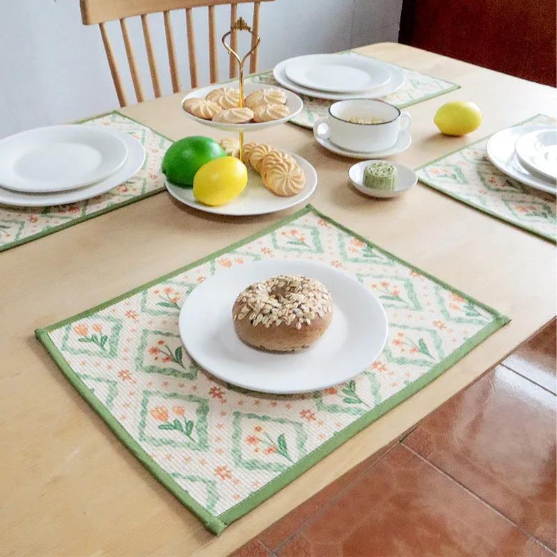 1Pc 30x40cm Rectangle Thicken Cotton Woven Flower Printed Dining Table Mat Insulation Pad Home Kitchen Placemat