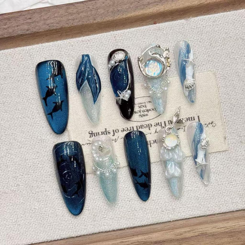 Mermaid Cat Eye Blue Medium Pointed Handmade False Nails
