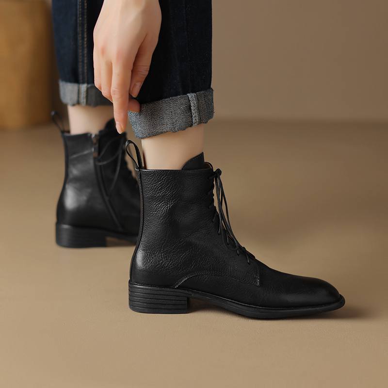 Krazing Pot Cow Leather Winter Round Toe Thick Low Heels Western Boots Women Lace Up Retro Ankle Boots