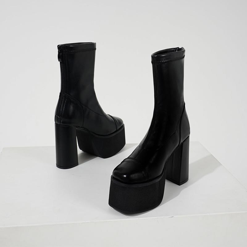 10cm High Heel Waterproof Platform Thick Heel Large Size Elastic Sock Boots 34-42 Yard Square Four Season Women's Boots Short