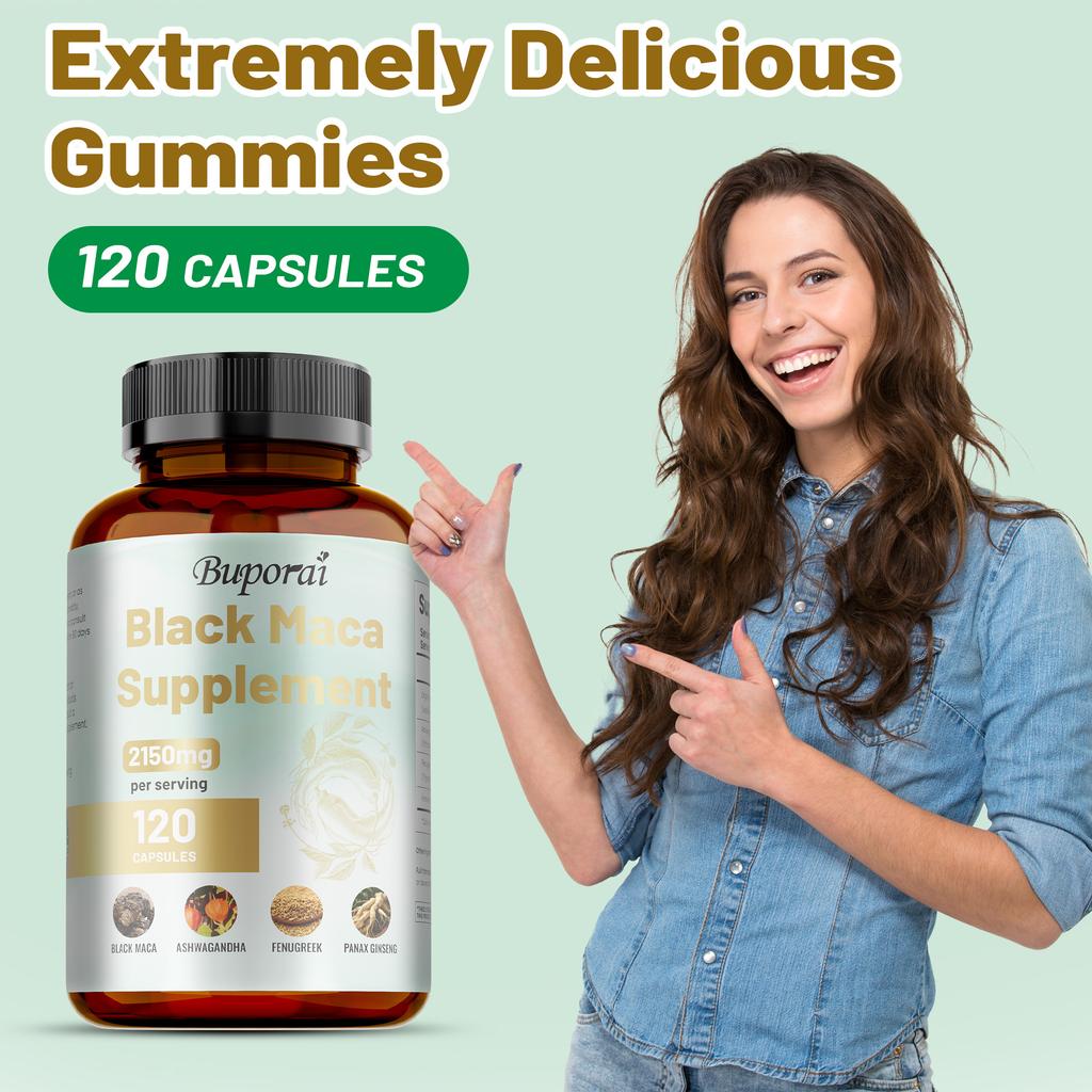 Buporai - Black Maca Dietary Supplement Capsules - With Ashwagandha, Fenugreek, and Ginseng - Energy