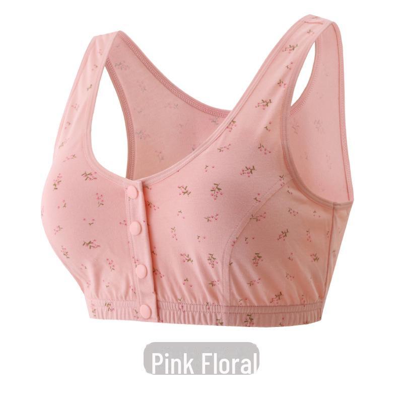 Zhangyan Pastoral Style Pure Cotton Bra: Large Cup, Front Buckle, Wide Back, Comfortable & Breathable for Middle-Aged and Elderly.