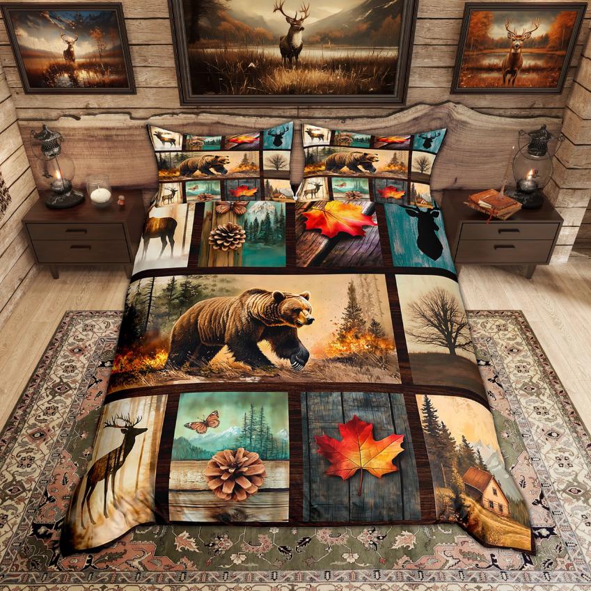 Homewish Rustic Deer Bear Duvet Cover Set Woodland Animal Checkered Quilt Cover Set Farmhouse Lodge Cabin Bedding Set