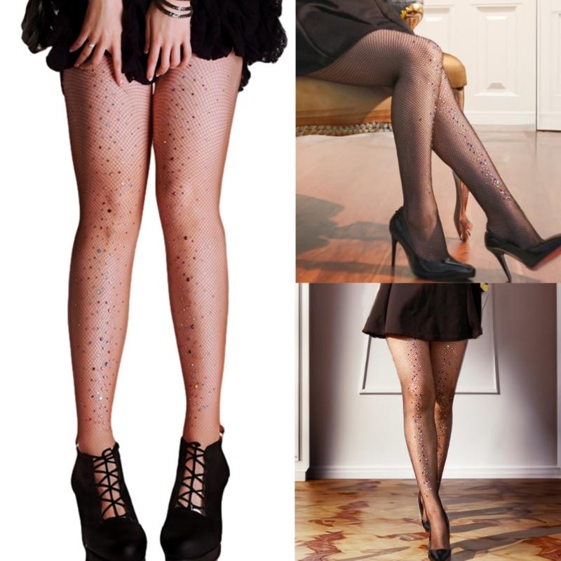 Sexy Sparkly Fishnets Stockings Colorful Jeweled High Waist Fishnet Tights for Women Rhinestones Party Pantyhose