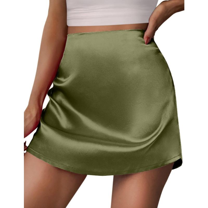 

New Summer Short Satin Skirt Women Fashion Elegant Mini A-shaped Skirt High-waisted Loose Casual Simpel Solid Color Party Skirts Street Wear Clothing XL оливковий
