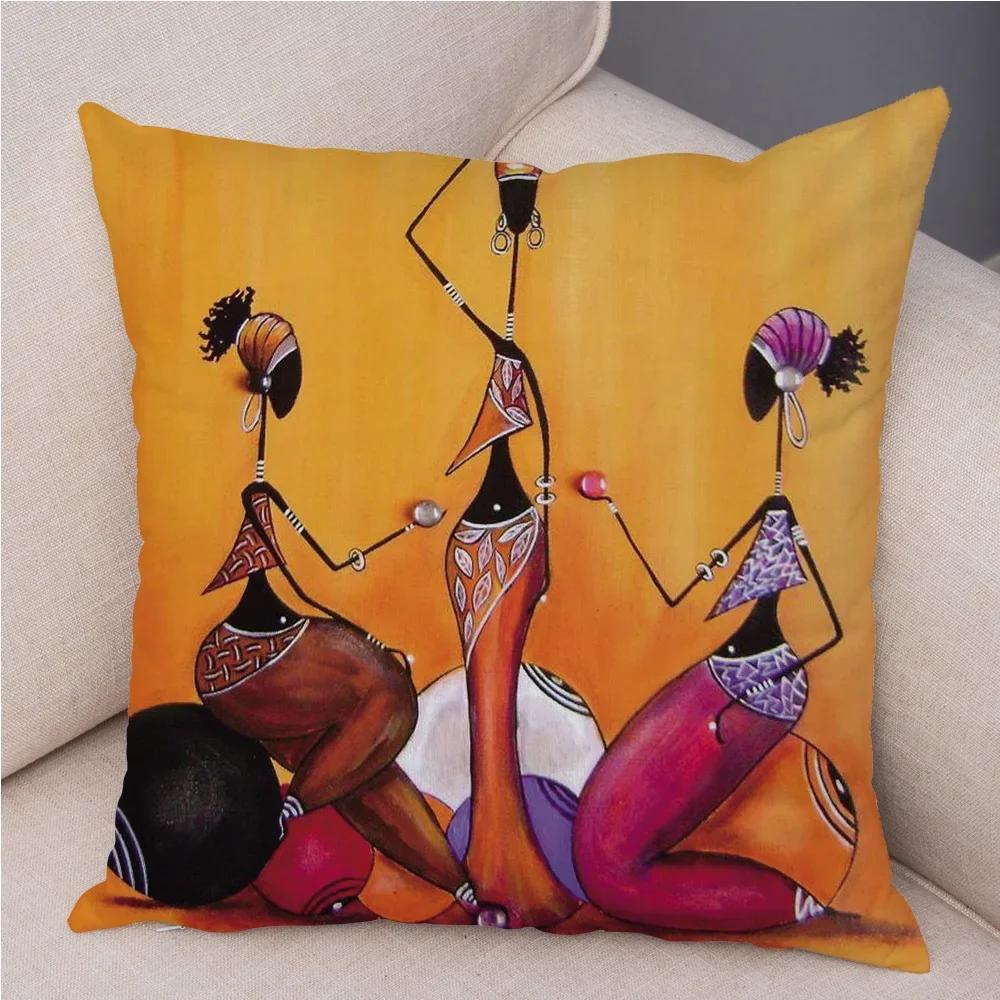 African Woman Soft Plush Cushion Cover for Sofa Home Decor Orange Abstract Painting Pillow Case Africa Life Collection Pillowcae