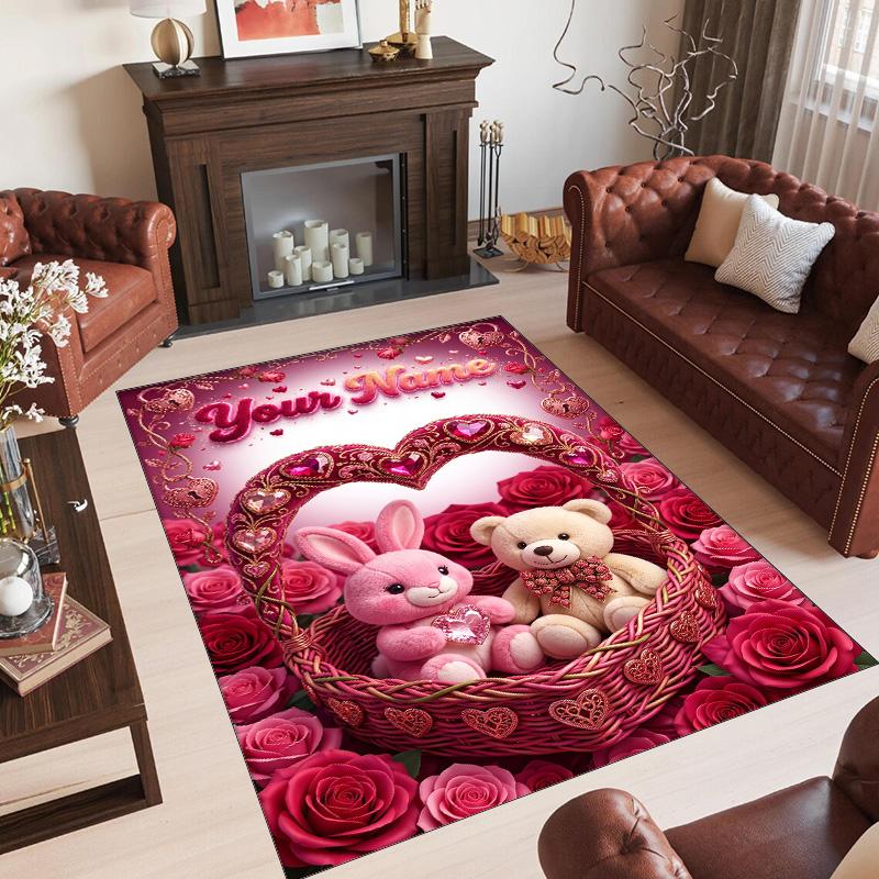 Valentine Love Theme Crystal Velvet Rug Personalized Custom Name Text Soft Floor Mat Home Decor