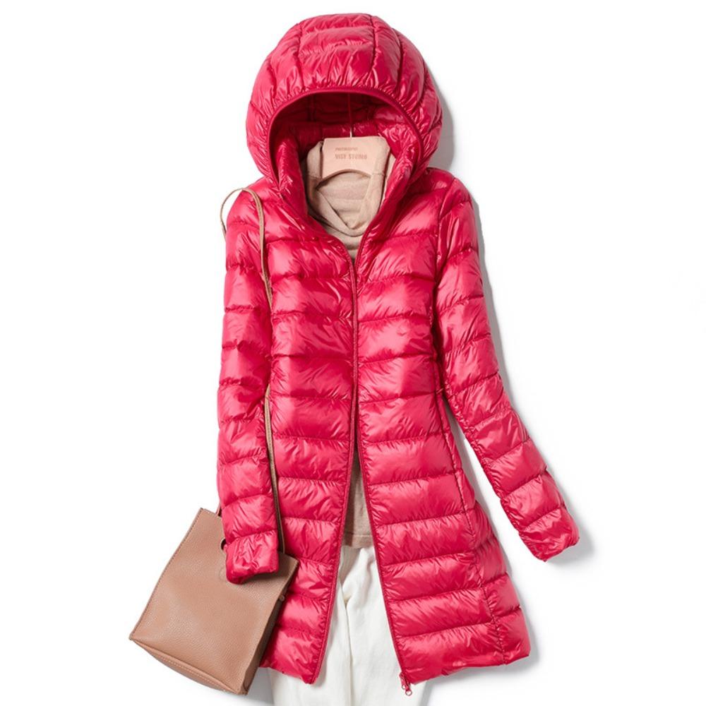 Women's Plus Size Mid‑Length Hooded Down Jacket Lightweight White Duck Down Puffer Coat Outerwear
