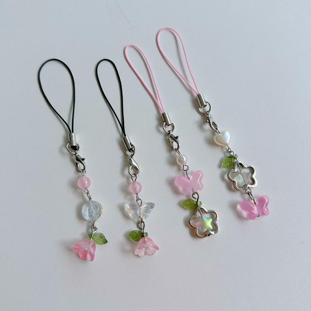 Handmade Beaded Phone Chain Flower and Butterfly Cellphone Charm Colorful Keyring Pendant Cellphone Charm Accessory