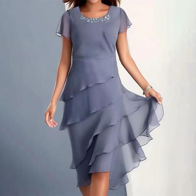Women Elegant Dress O-Neck Beaded Decor Short Sleeve Midi Dress Layered Cake Hem
