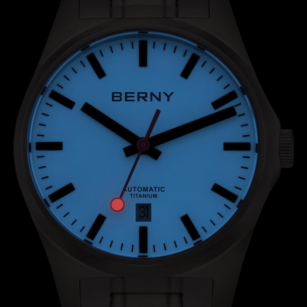 BERNY Titanium Mechanical Automatic Railroad 100M Water with AR Sapphire Crystal Watch, Watch, Watch, Resistant, Calendar,