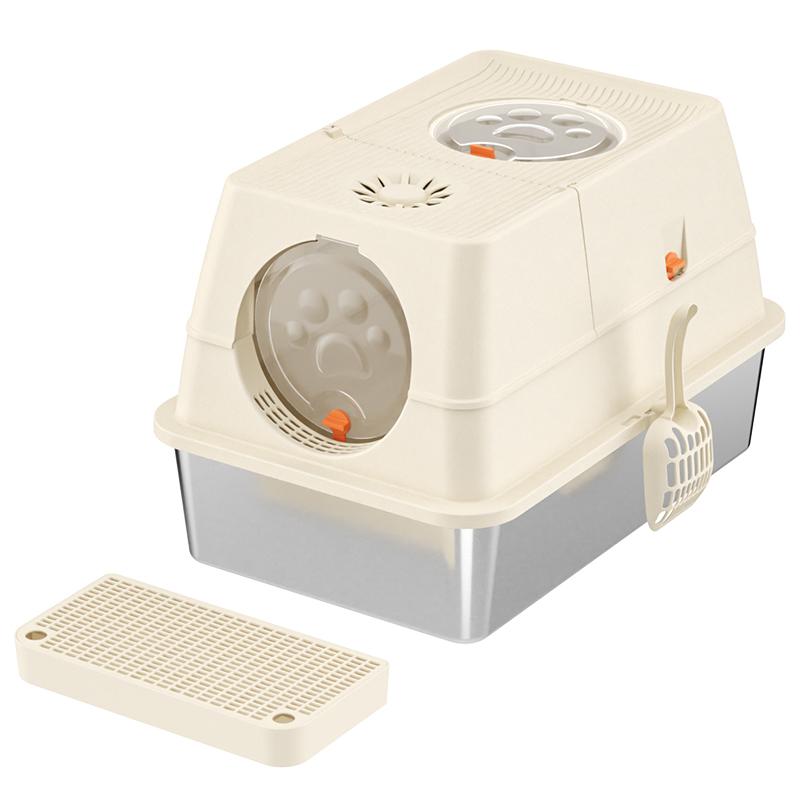 Fully enclosed stainless steel cat litter box, extra-large size, anti-splash feature, odor-removing cat toilet with elevated fence and flip-up lid