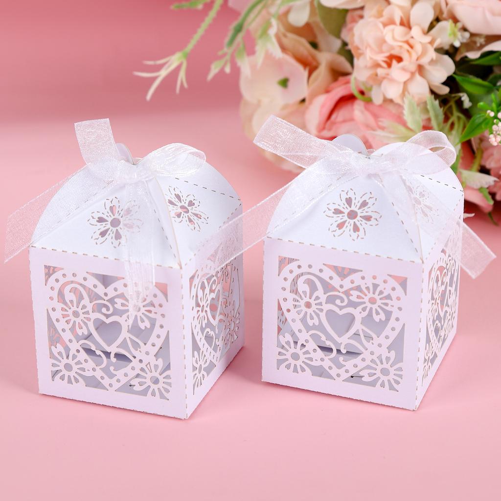 Wedding Favour Boxes 24 Pcs Candy Treat Gift Box with Ribbons Carved Hollow Small Gift Box for Personalised Sweets Communion